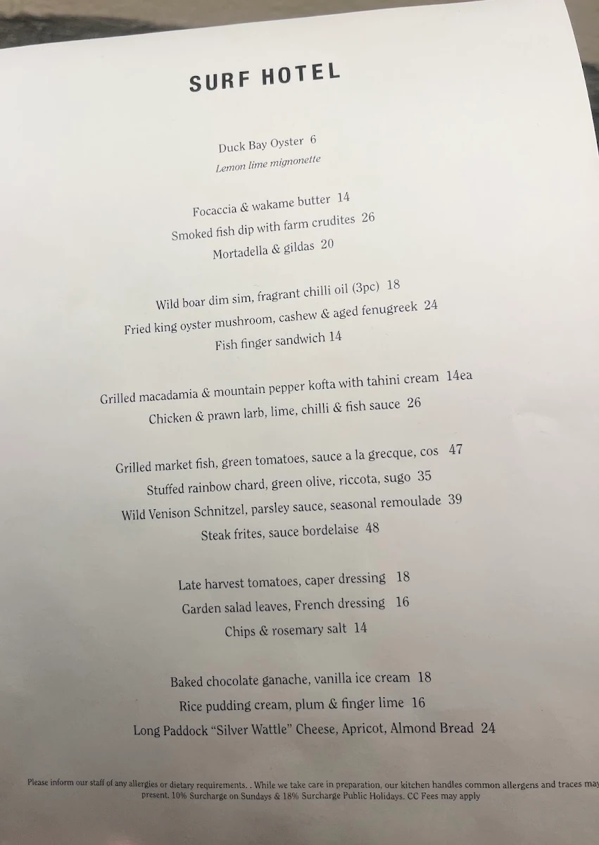 Menu, SURF HOTEL