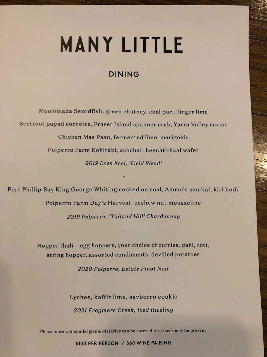 Menu, Many Little Bar & Dining