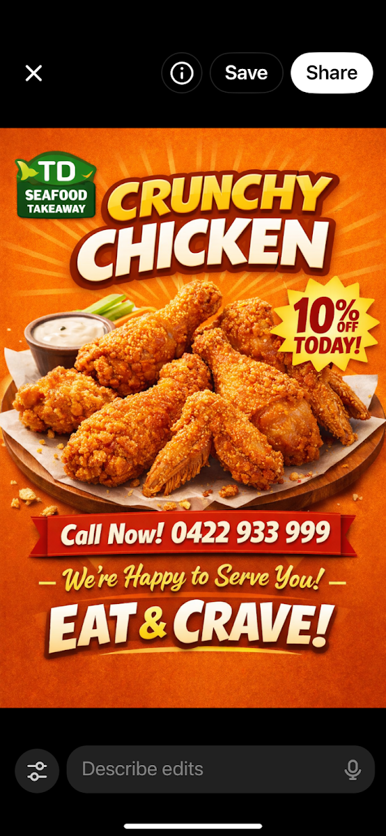 Menu, TD Seafood & Takeaway