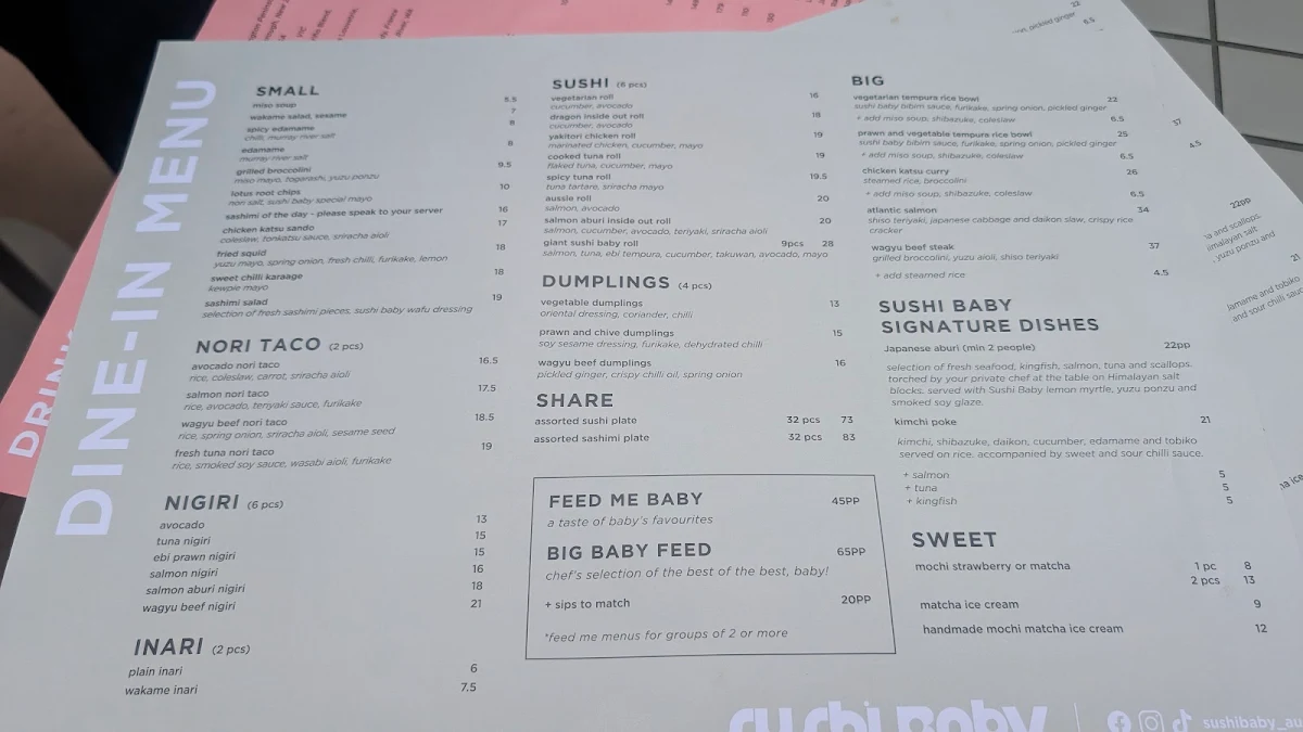 Menu, Sushi Baby