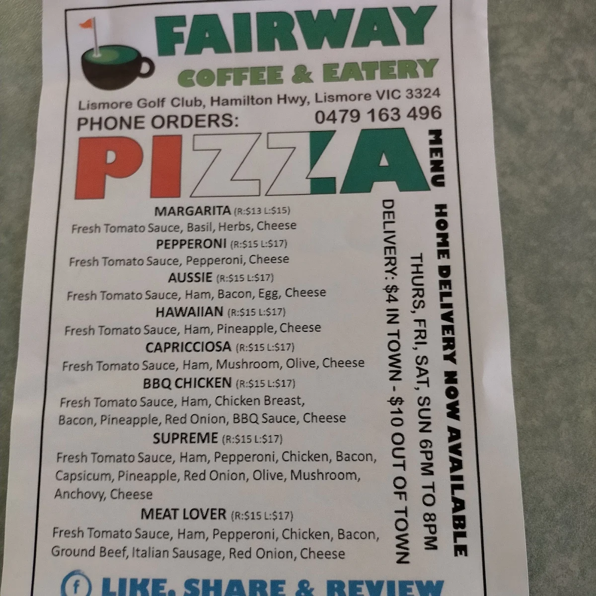 Menu, Fairway Coffee & Eatery