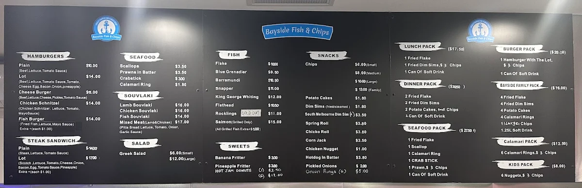 Menu, Bayside Fish & Chips