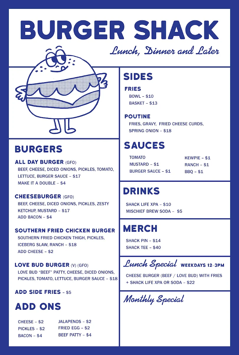 Menu, Burger Shack