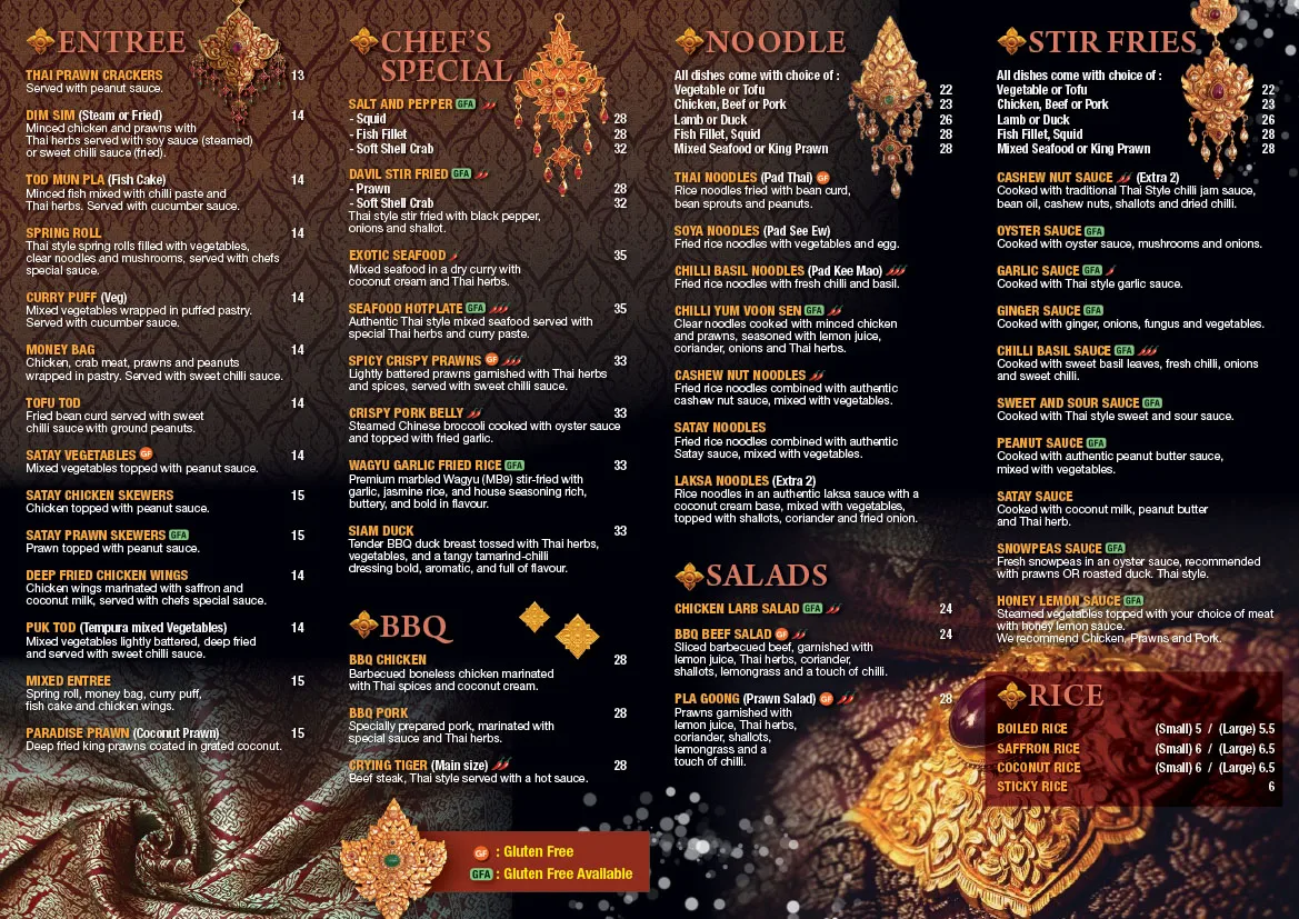 Menu, AXE Thai Restaurant