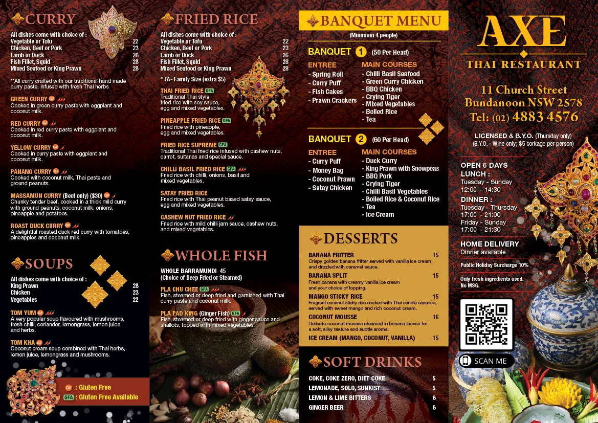 Menu, AXE Thai Restaurant