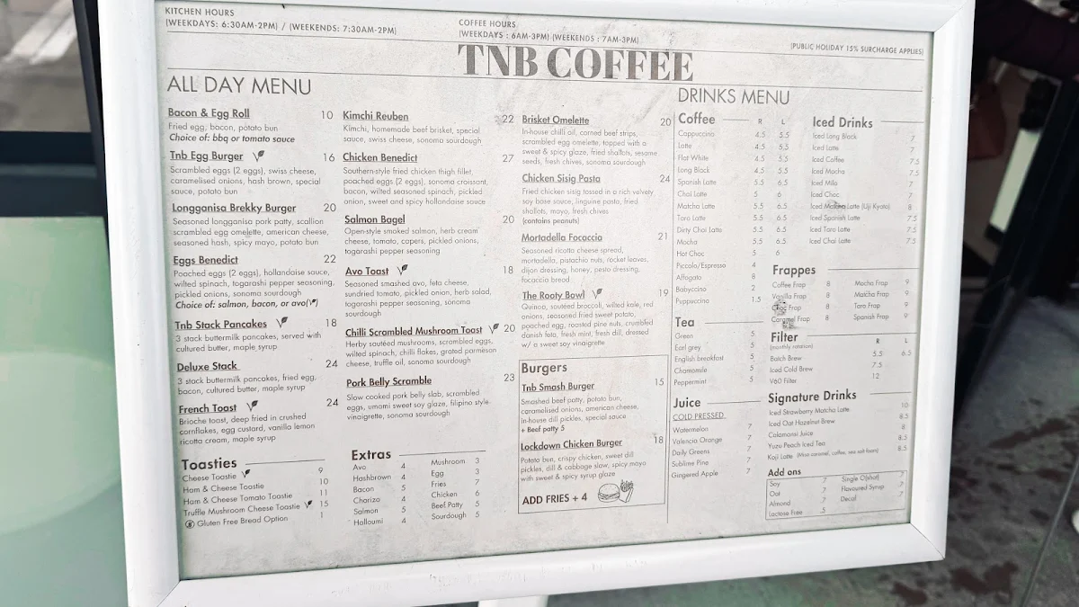 Menu, TNB Cafe