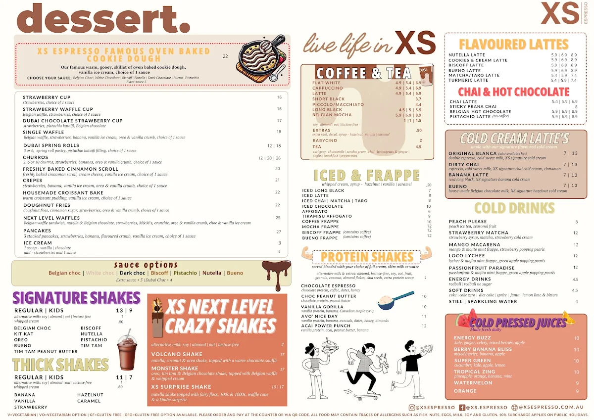 Menu, XS Espresso Marsden Park