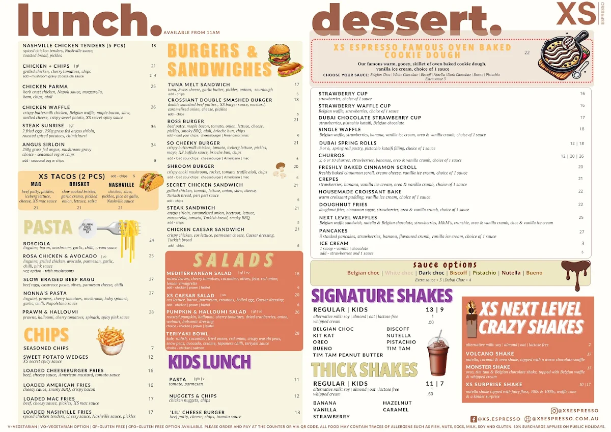 Menu, XS Espresso Marsden Park