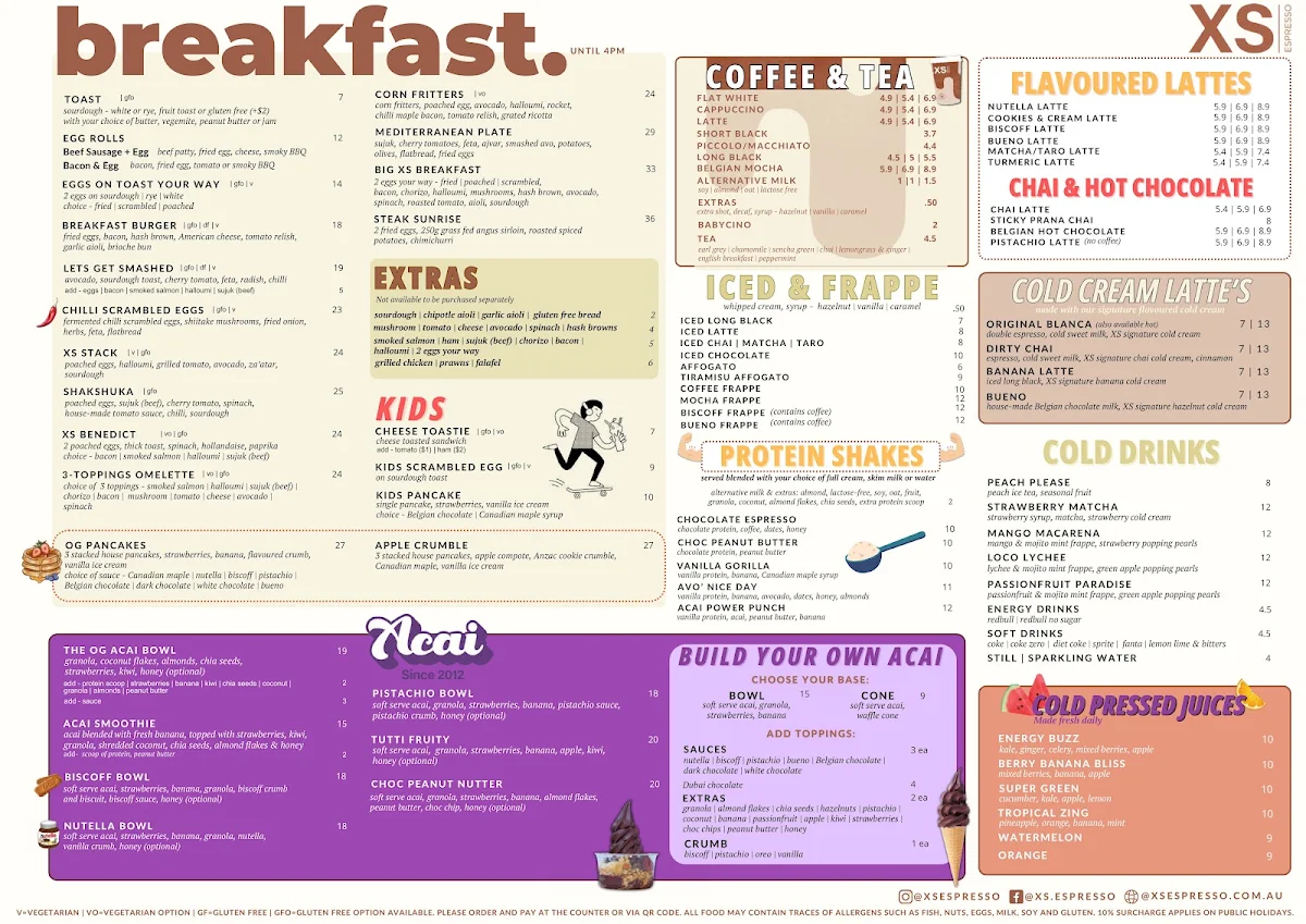 Menu, XS Espresso Marsden Park