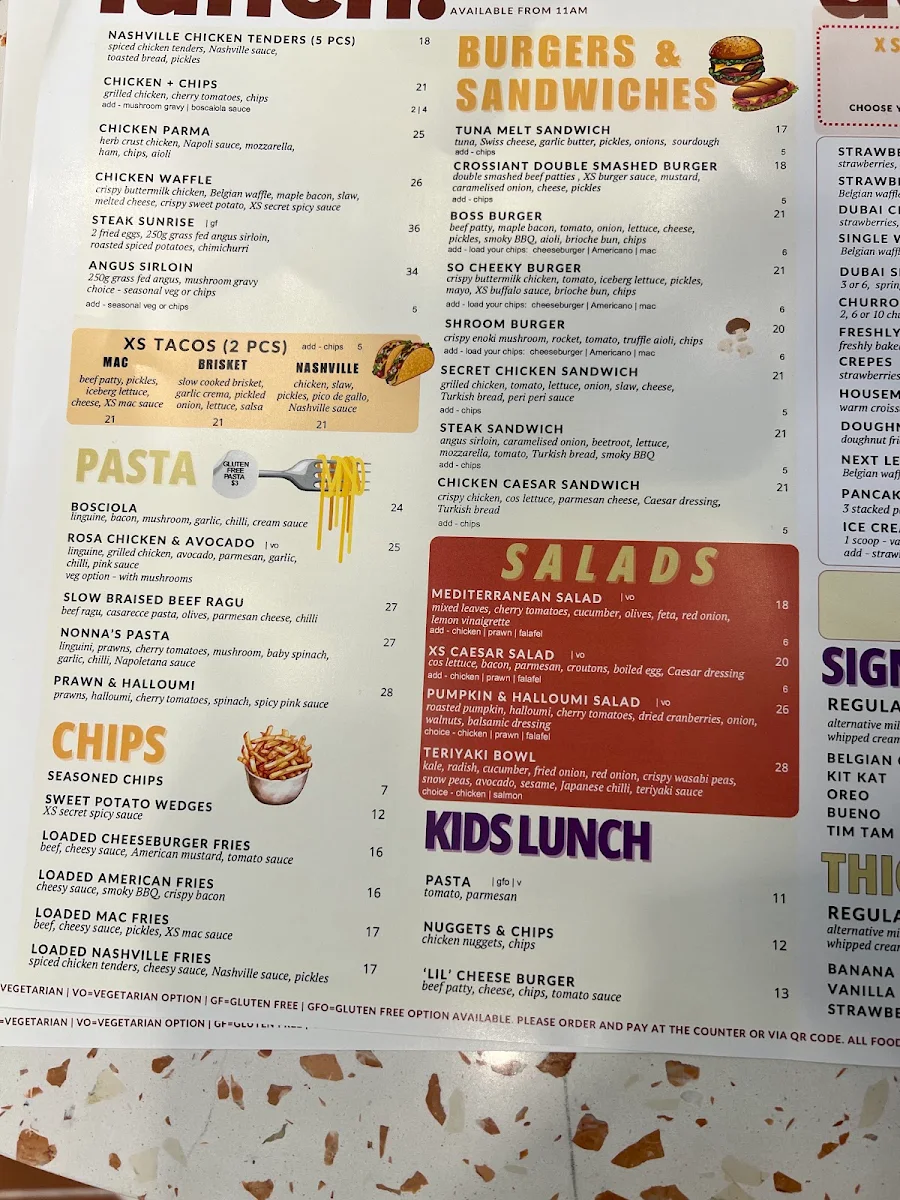 Menu, XS Espresso Marsden Park