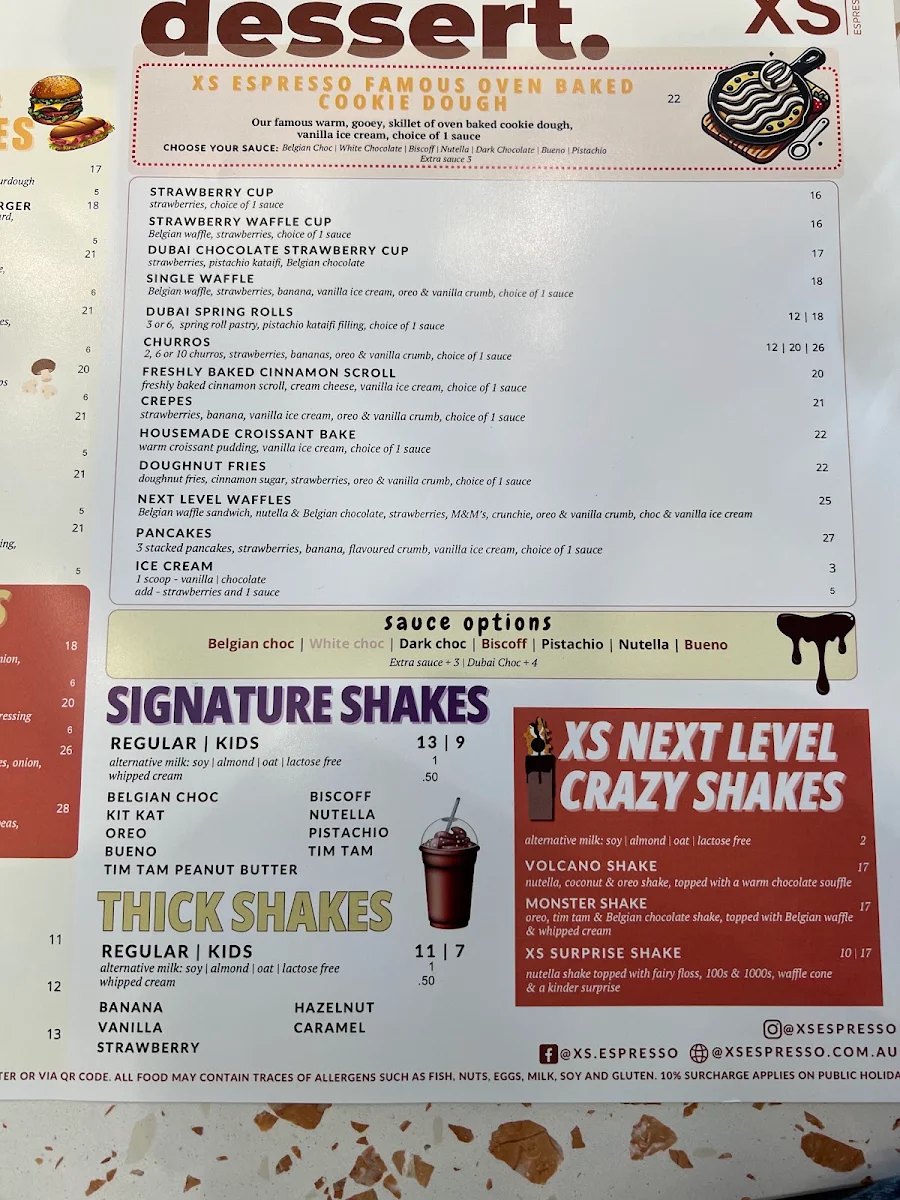 Menu, XS Espresso Marsden Park