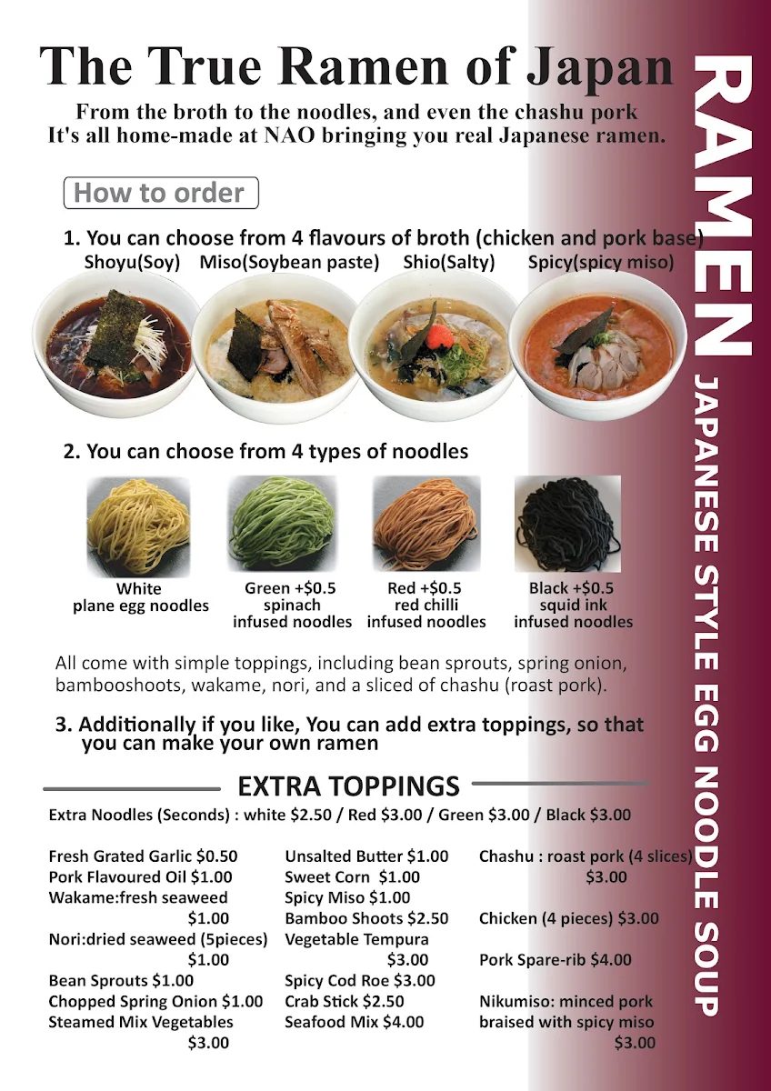 Menu, NAO Japanese Ramen