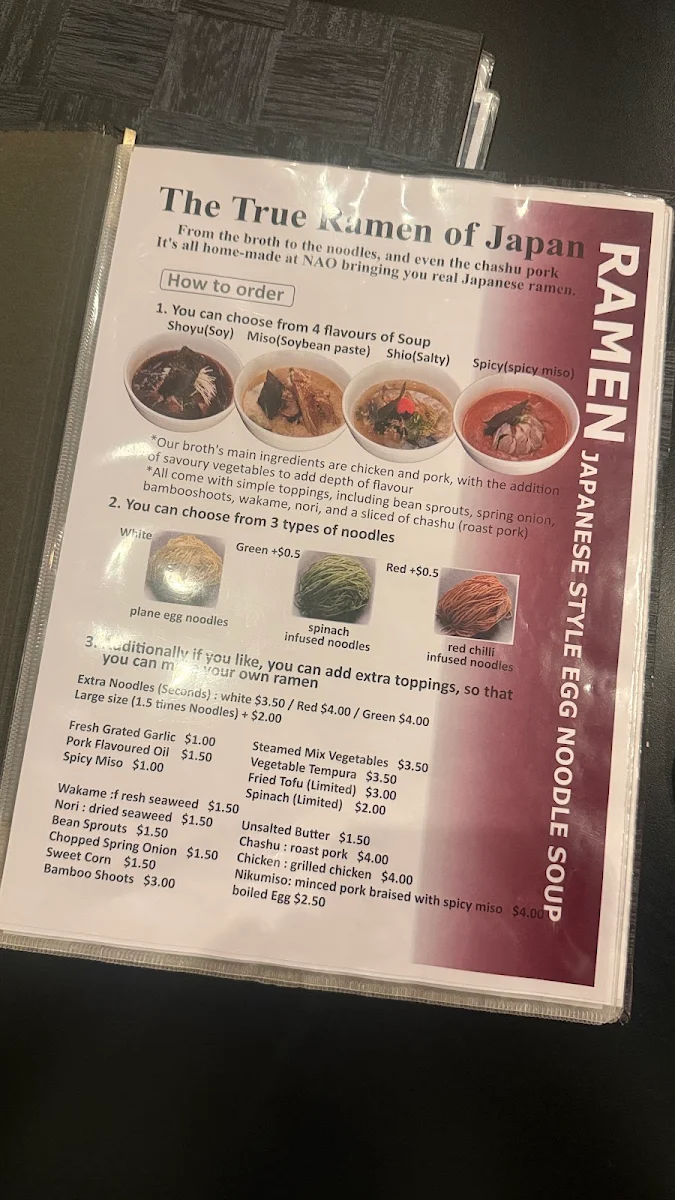 Menu, NAO Japanese Ramen