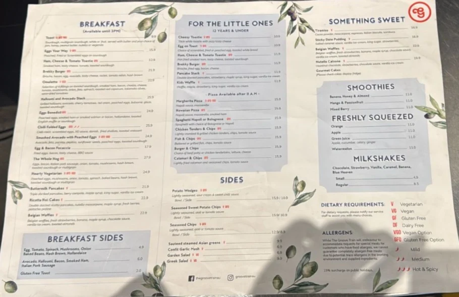 Menu, The Groove Train Greensborough