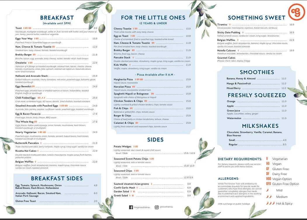 Menu, The Groove Train Greensborough