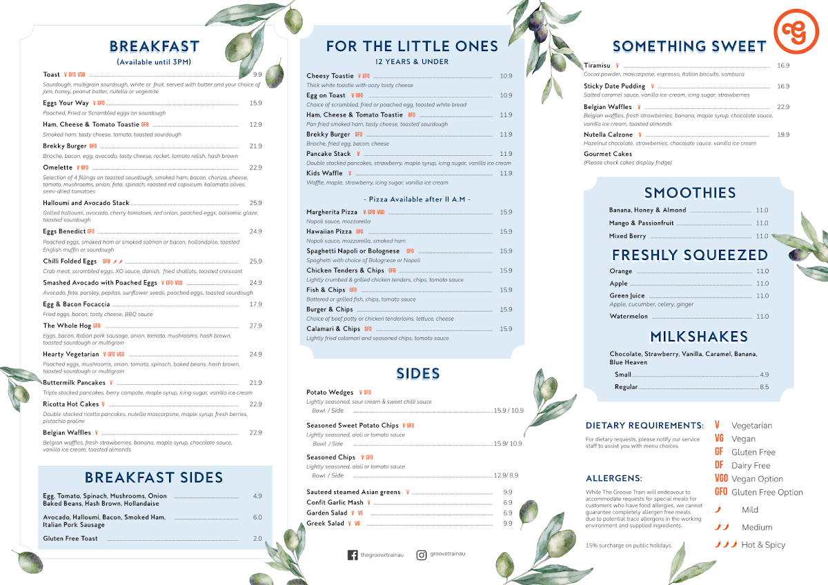 Menu, The Groove Train Greensborough