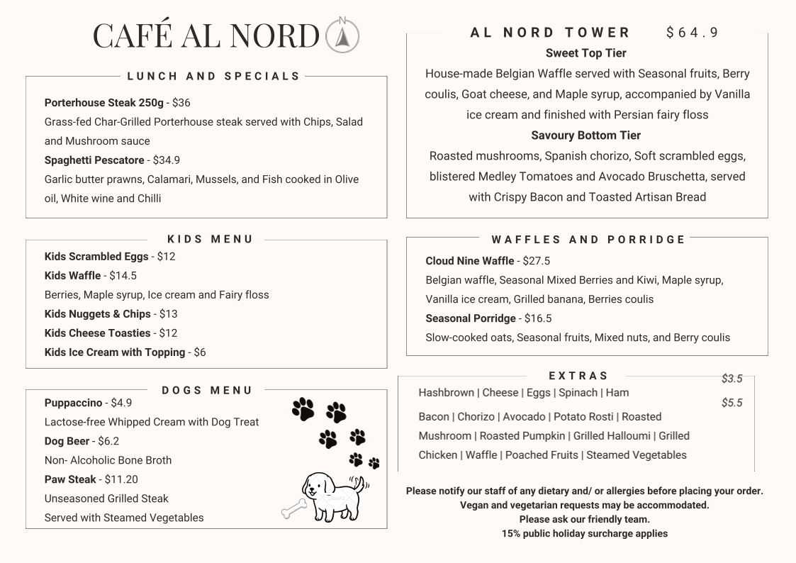 Menu, cafe al nord
