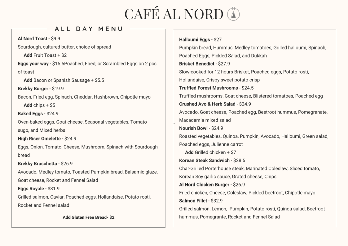 Menu, cafe al nord