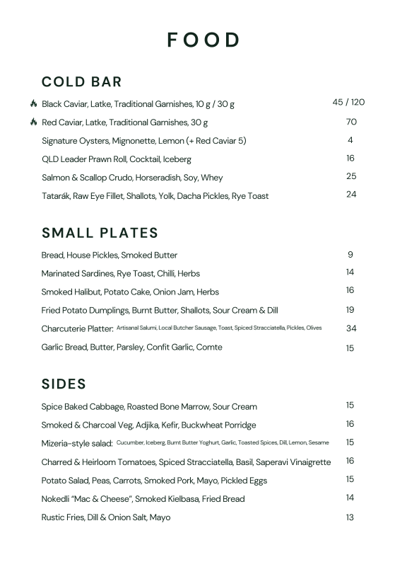 Menu, Dacha Bar & Grill