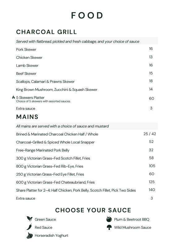 Menu, Dacha Bar & Grill