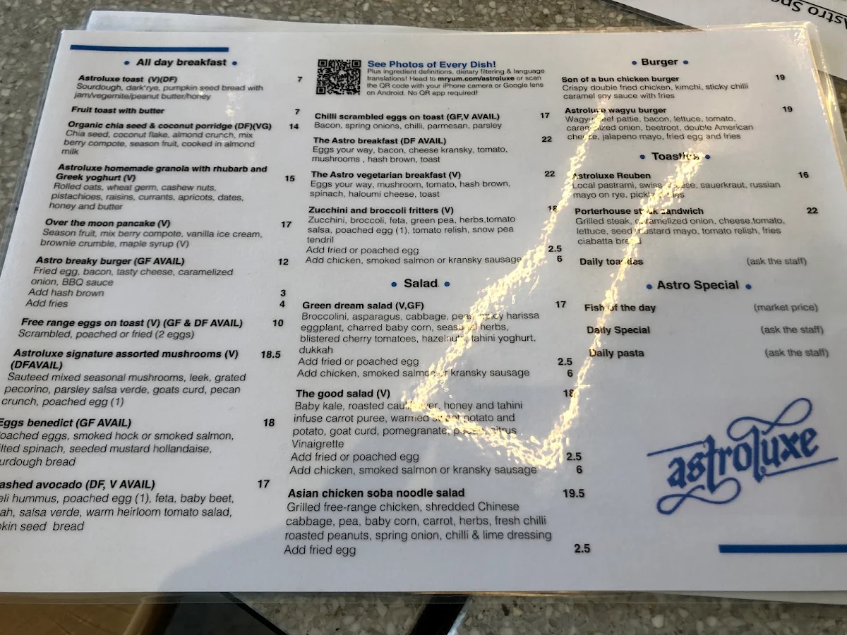 Menu, Astroluxe Cafe
