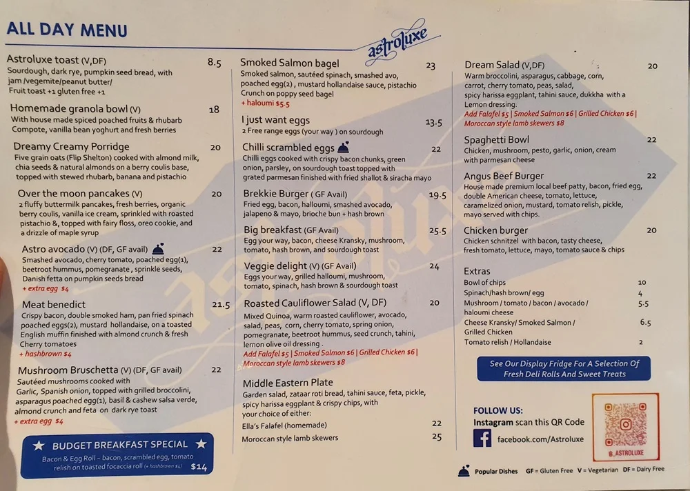 Menu, Astroluxe Cafe