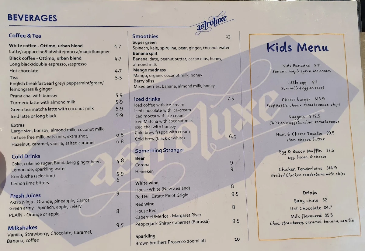 Menu, Astroluxe Cafe