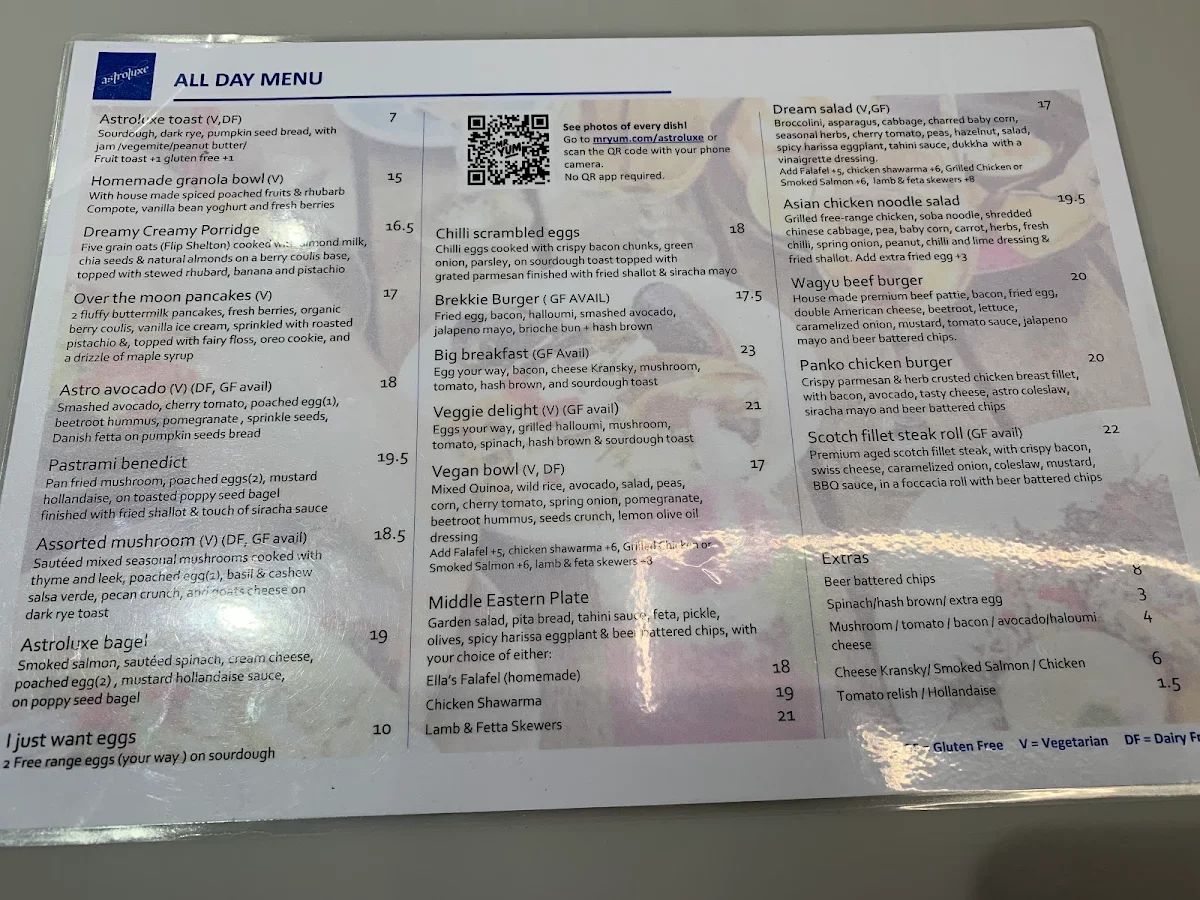 Menu, Astroluxe Cafe