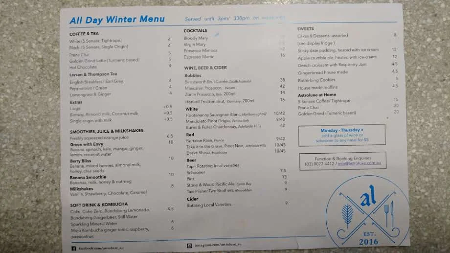 Menu, Astroluxe Cafe