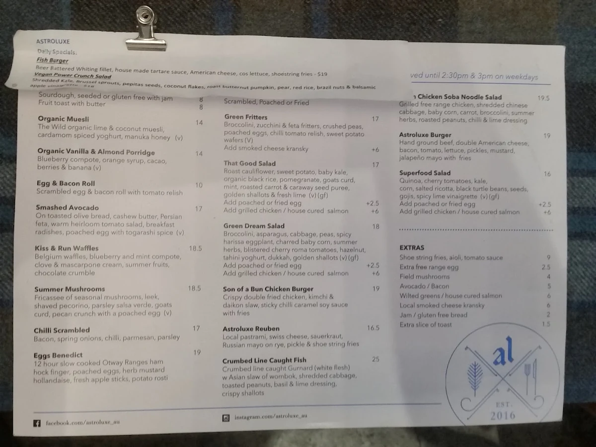 Menu, Astroluxe Cafe