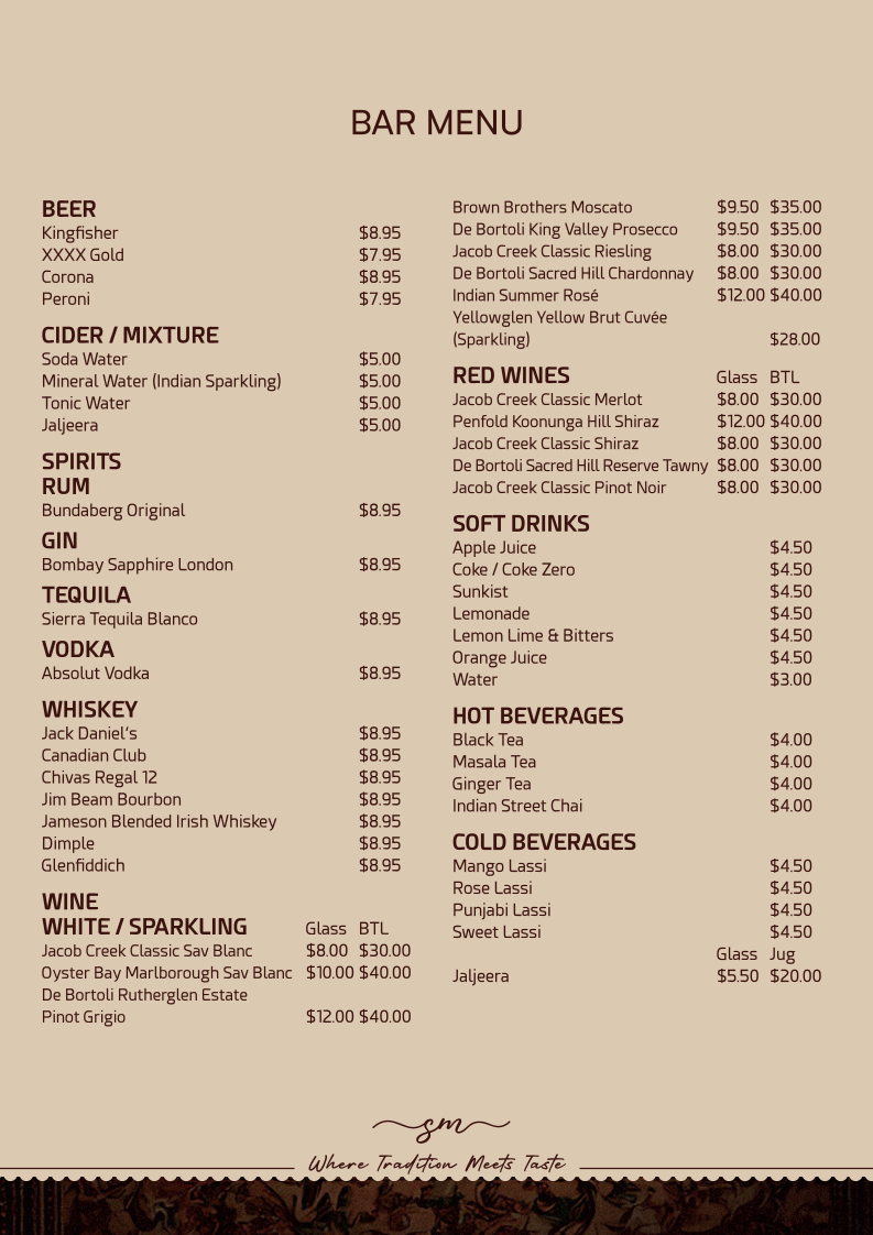 Menu, Spice Master Indian Cuisine & Cafe