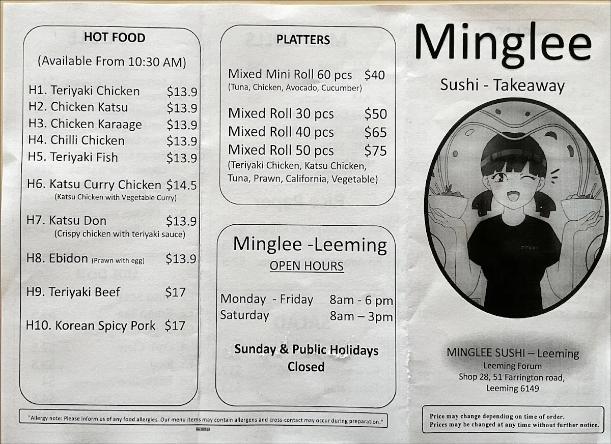 Menu, MINGLEE Sushi - Japanese Takeaway