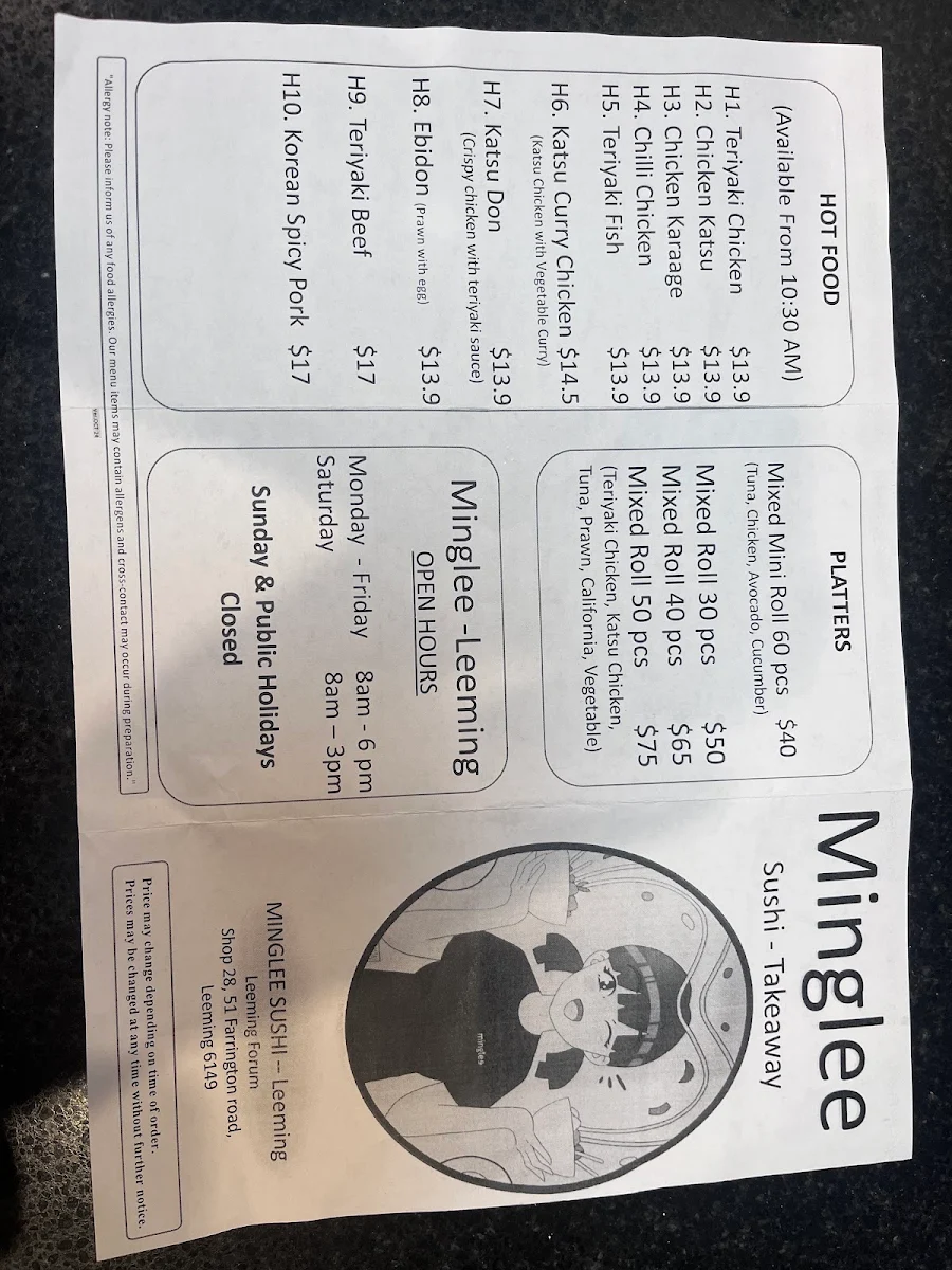 Menu, MINGLEE Sushi - Japanese Takeaway