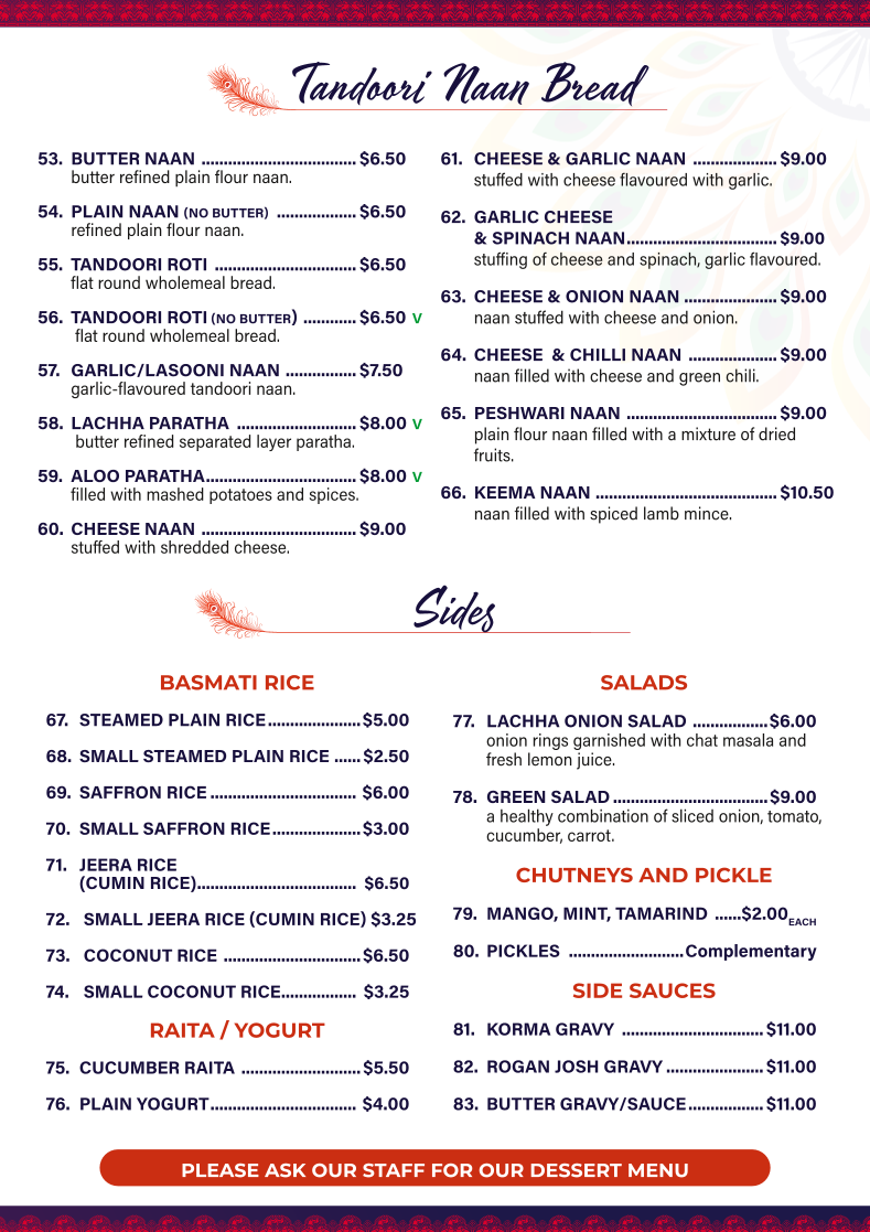 Menu, Marinades Indian Cuisine