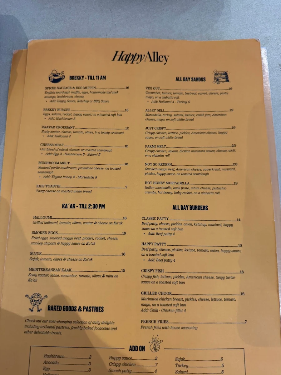 Menu, Happy Alley