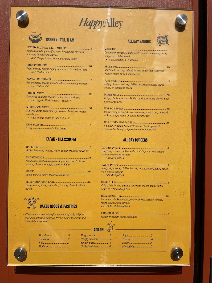 Menu, Happy Alley