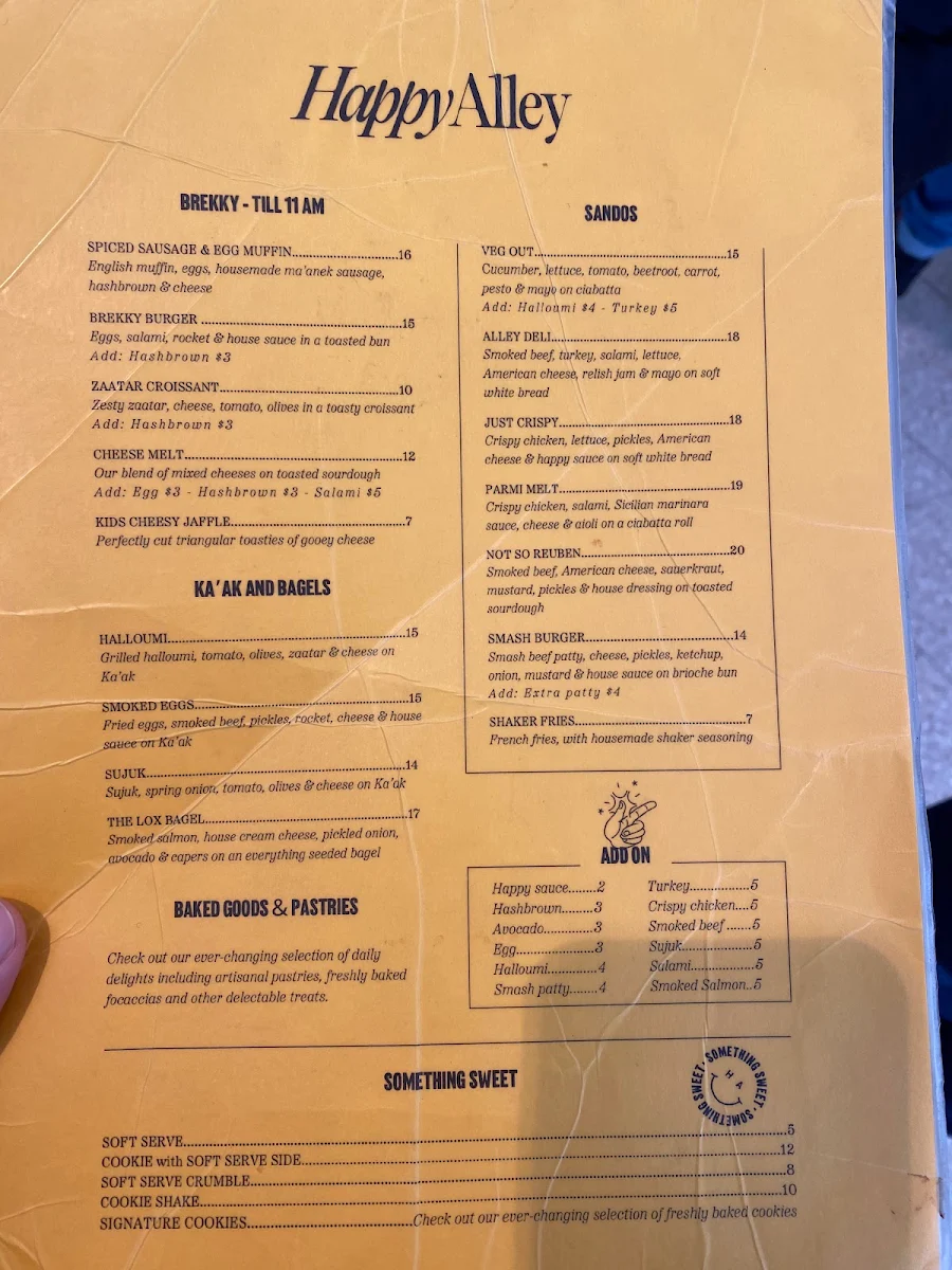 Menu, Happy Alley