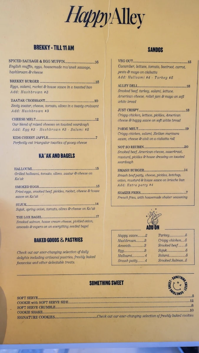 Menu, Happy Alley