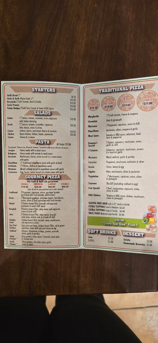 Menu, Romano's Pizzeria