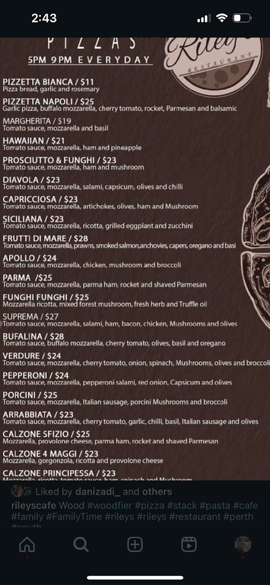 Menu, Italian Riley's Cafe Restaurant changed to TAVOLA MOUNT PLEASANT