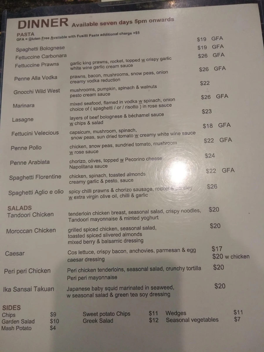 Menu, Italian Riley's Cafe Restaurant changed to TAVOLA MOUNT PLEASANT