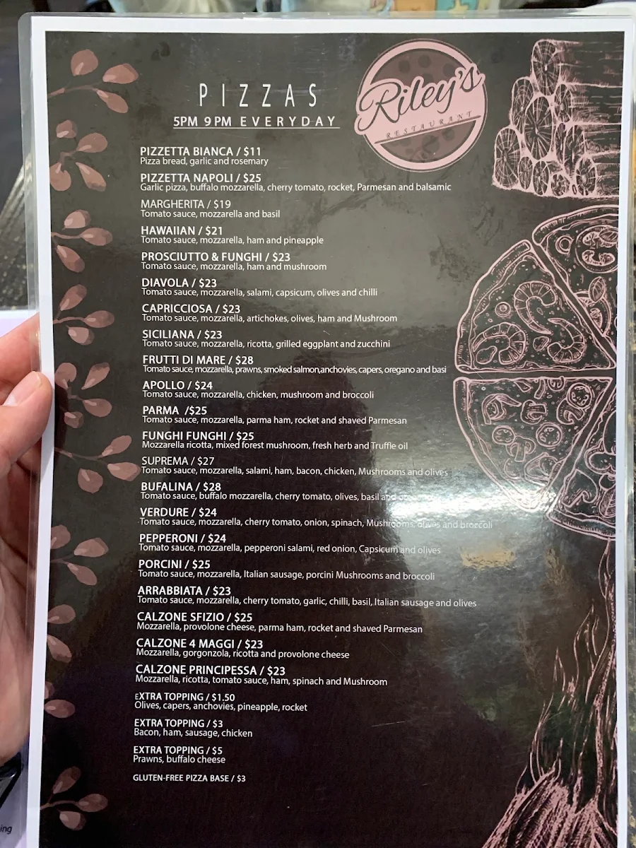 Menu, Italian Riley's Cafe Restaurant changed to TAVOLA MOUNT PLEASANT