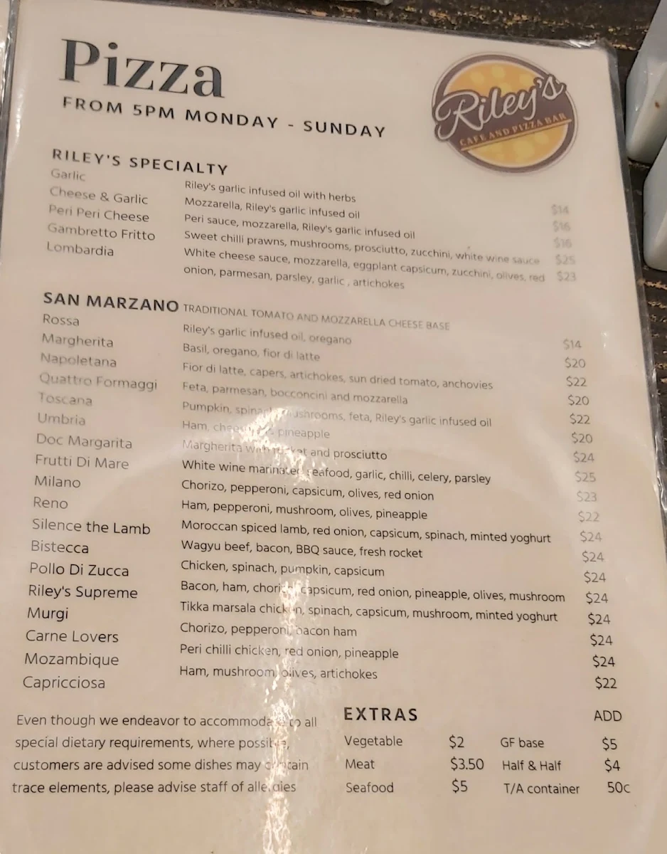 Menu, Italian Riley's Cafe Restaurant changed to TAVOLA MOUNT PLEASANT