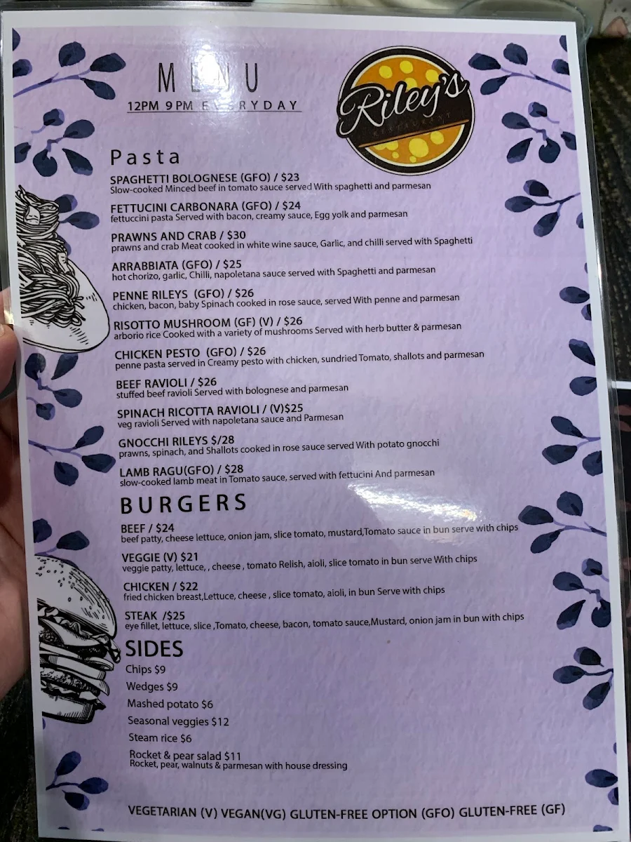 Menu, Italian Riley's Cafe Restaurant changed to TAVOLA MOUNT PLEASANT