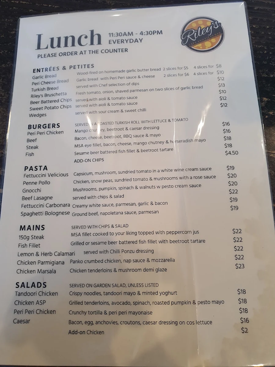 Menu, Italian Riley's Cafe Restaurant changed to TAVOLA MOUNT PLEASANT