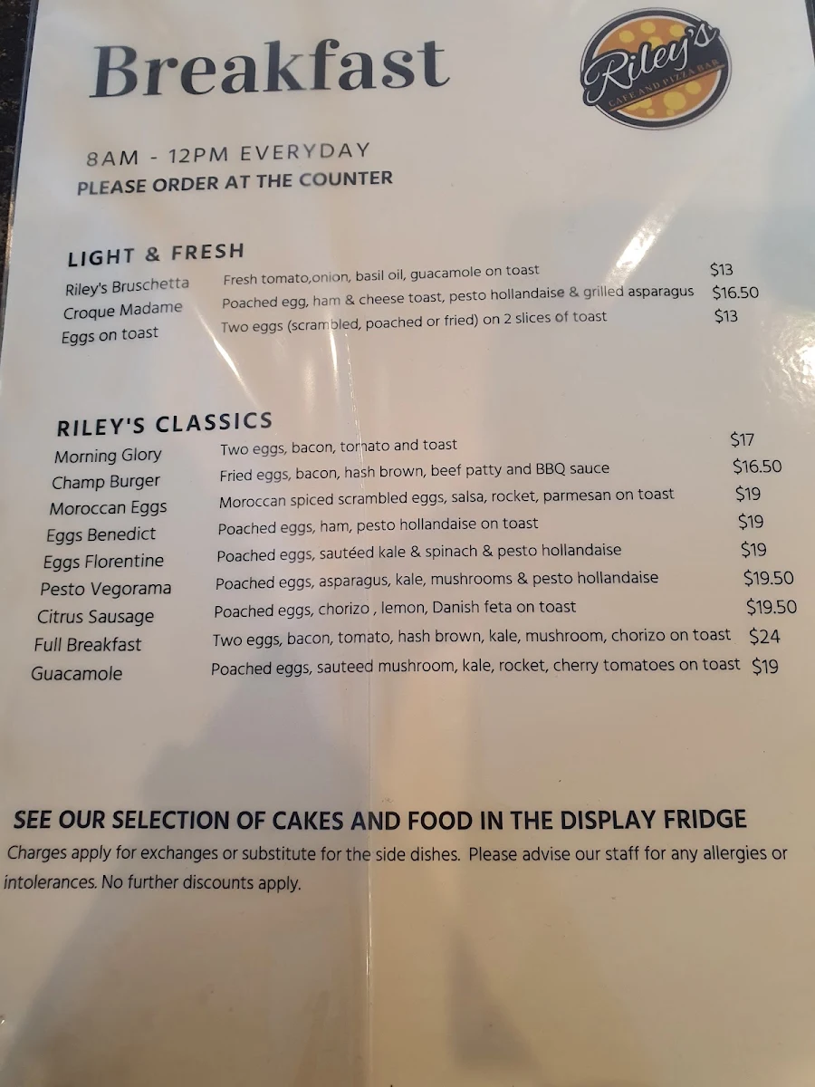 Menu, Italian Riley's Cafe Restaurant changed to TAVOLA MOUNT PLEASANT
