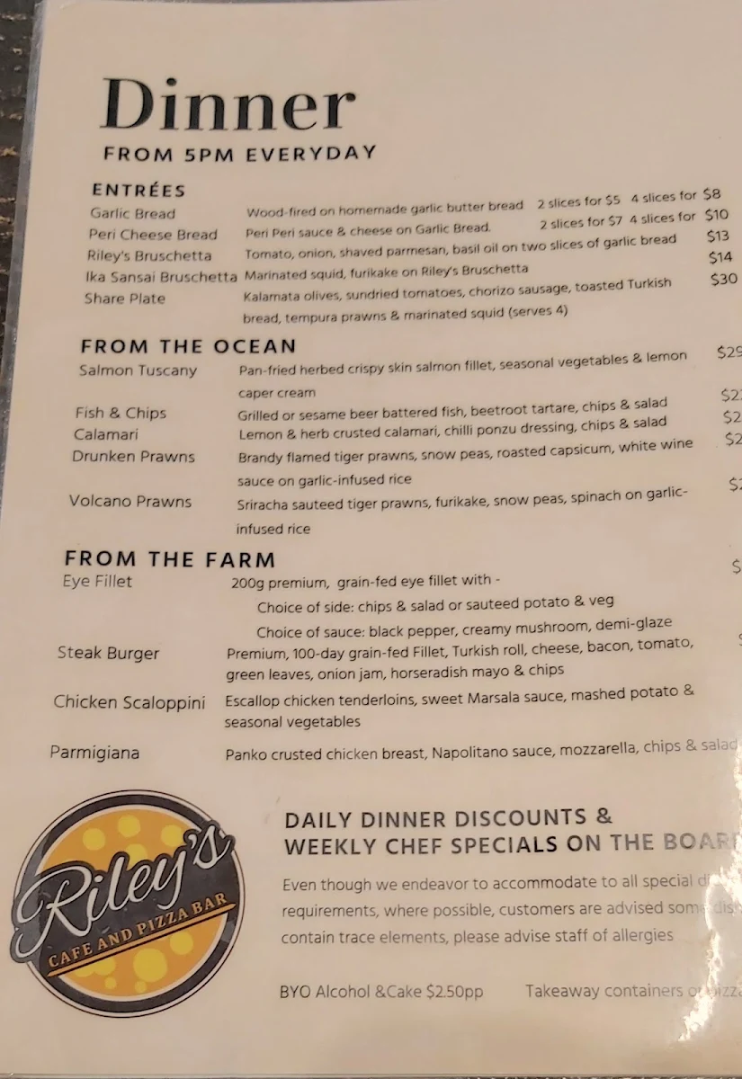 Menu, Italian Riley's Cafe Restaurant changed to TAVOLA MOUNT PLEASANT