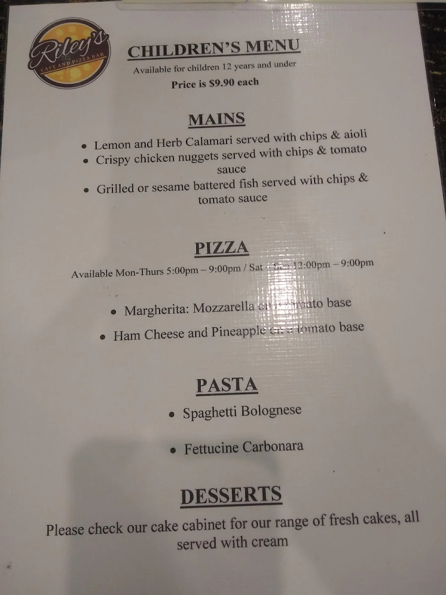 Menu, Italian Riley's Cafe Restaurant changed to TAVOLA MOUNT PLEASANT