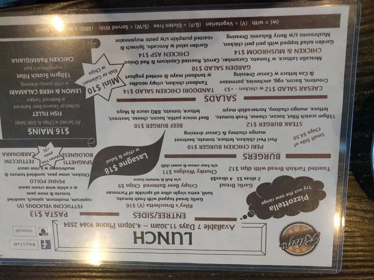 Menu, Italian Riley's Cafe Restaurant changed to TAVOLA MOUNT PLEASANT