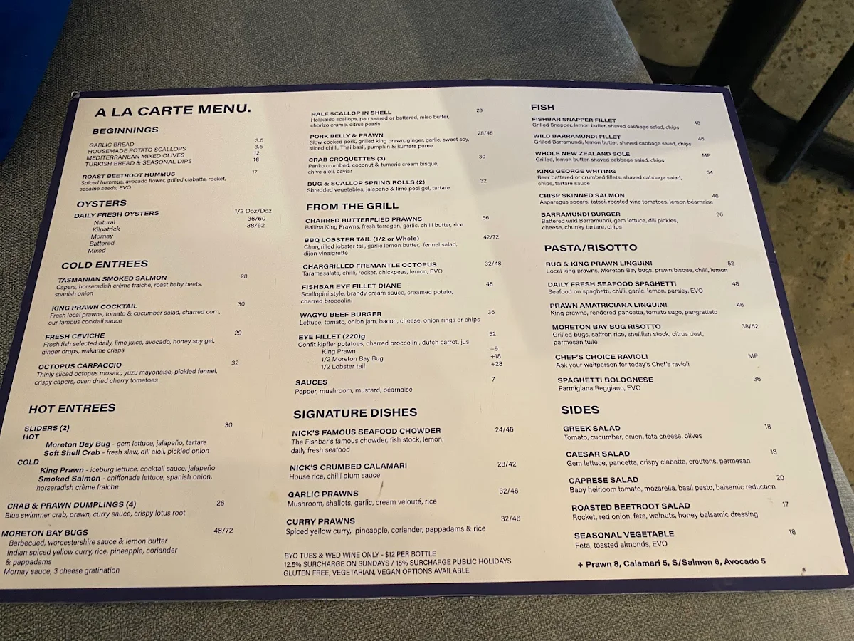 Menu, Omeros Fish Bar